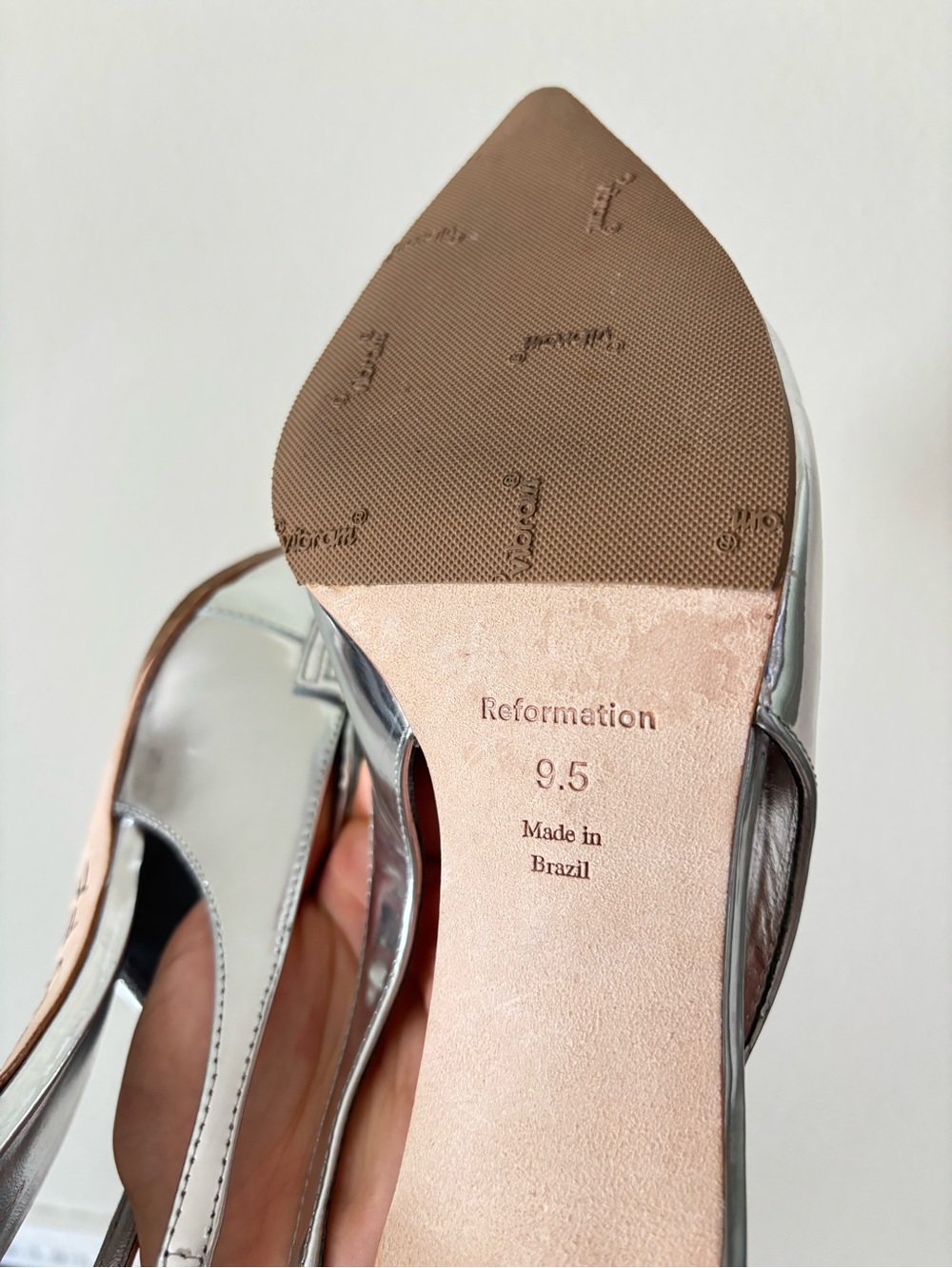 NEW Reformation Patent Leather Silver Metallic Pointer Loafer Slingback Heels - Picture 7 of 8